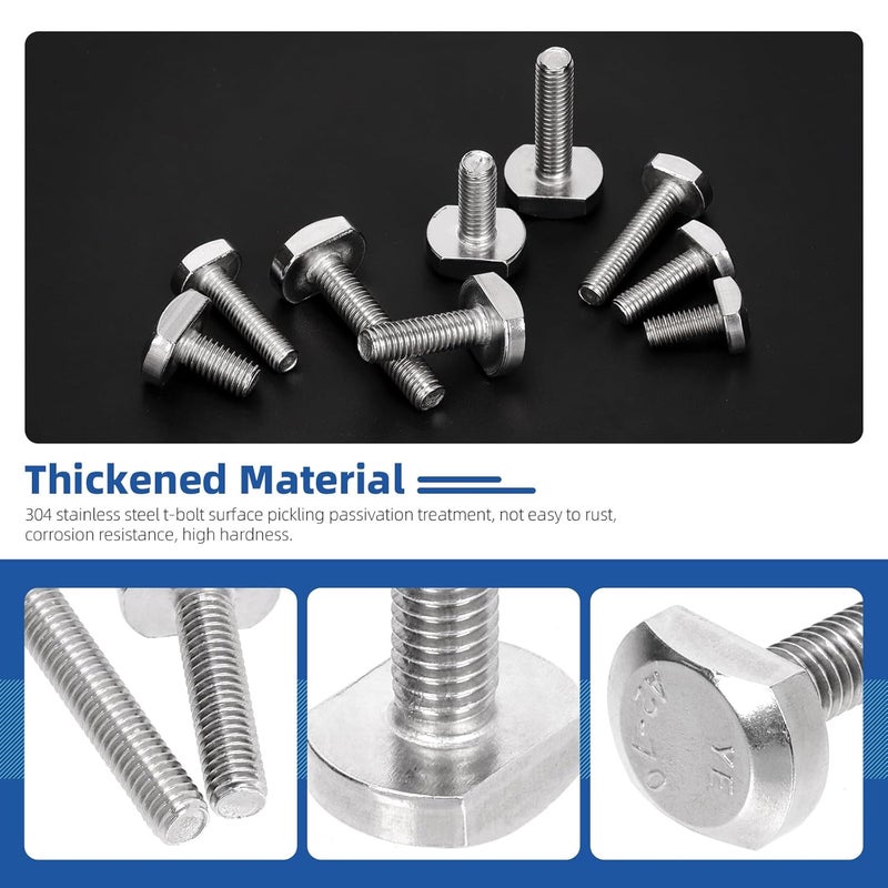 Glarks 50pcs M5 M6 T-Shaped Bolt Screw Set, 12/16/20/25/30/35MM Length 304 Stainless Steel T Shape Screws Hammer Head Bolt, Drop-in Stud Sliding T-Bolt, T-Slot Bolts for T Track - Image 4